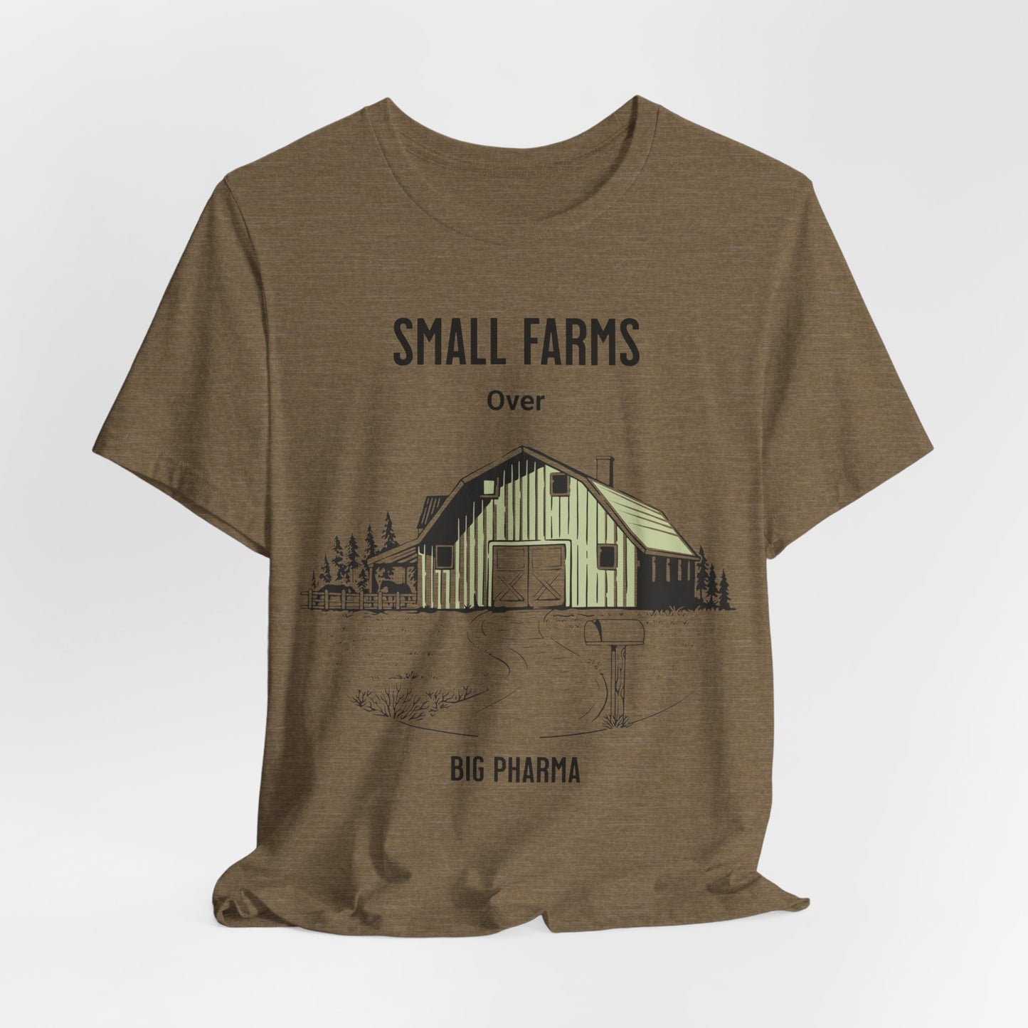 Unisex Jersey Small Farm over Pharma Shirts, T-shirt with Country Farm Scene with Barn, Gift for Farmer, Anti Big Pharma, Farmacist, Adult Unisex Short Sleeve Tee