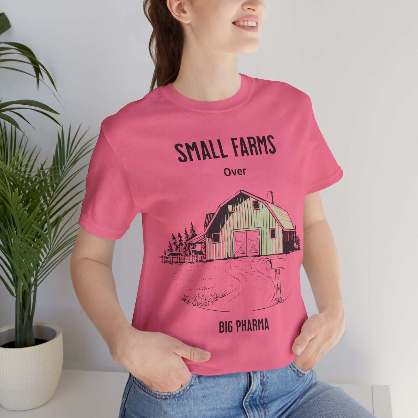 Unisex Jersey Small Farm over Pharma Shirts, T-shirt with Country Farm Scene with Barn, Gift for Farmer, Anti Big Pharma, Farmacist, Adult Unisex Short Sleeve Tee