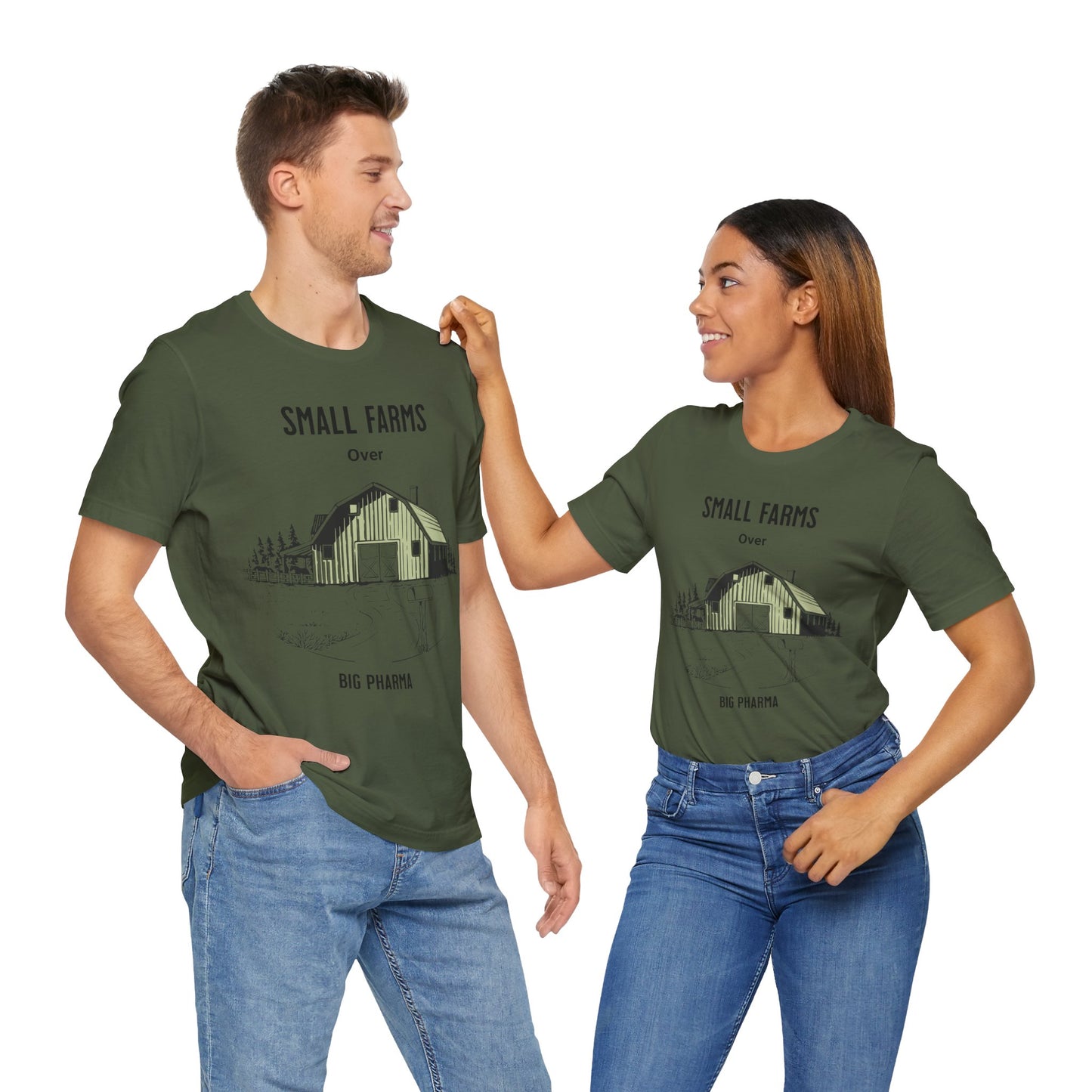 Unisex Jersey Small Farm over Pharma Shirts, T-shirt with Country Farm Scene with Barn, Gift for Farmer, Anti Big Pharma, Farmacist, Adult Unisex Short Sleeve Tee