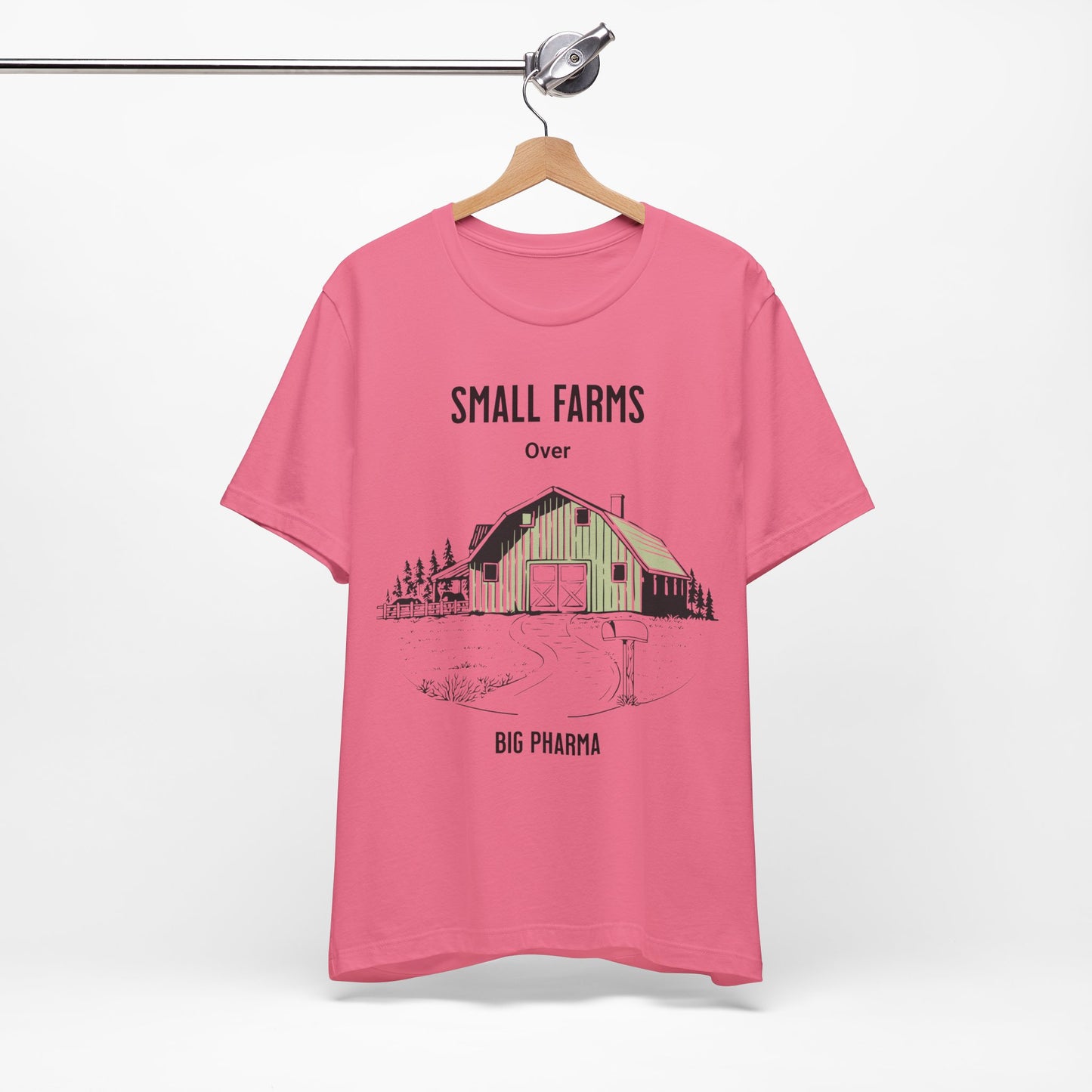 Unisex Jersey Small Farm over Pharma Shirts, T-shirt with Country Farm Scene with Barn, Gift for Farmer, Anti Big Pharma, Farmacist, Adult Unisex Short Sleeve Tee