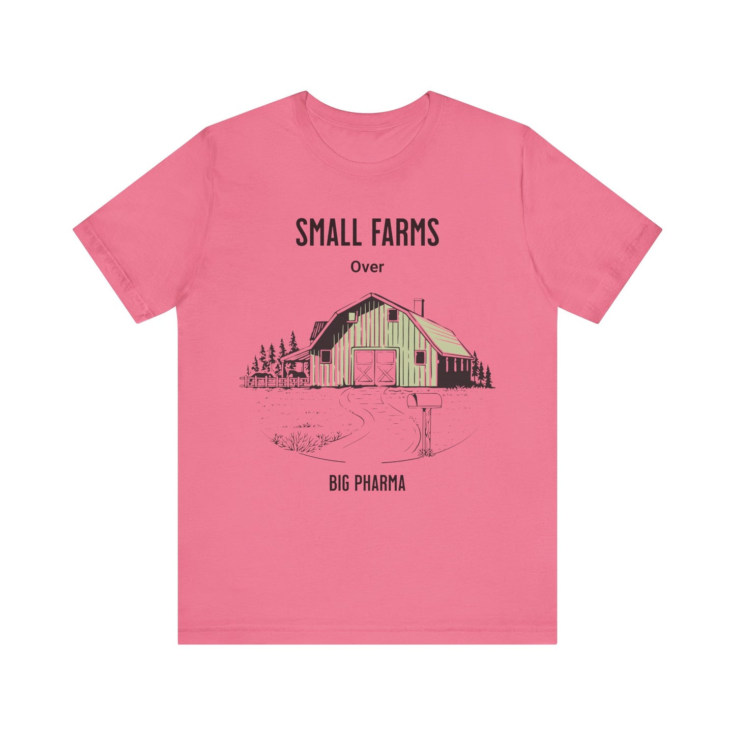 Unisex Jersey Small Farm over Pharma Shirts, T-shirt with Country Farm Scene with Barn, Gift for Farmer, Anti Big Pharma, Farmacist, Adult Unisex Short Sleeve Tee