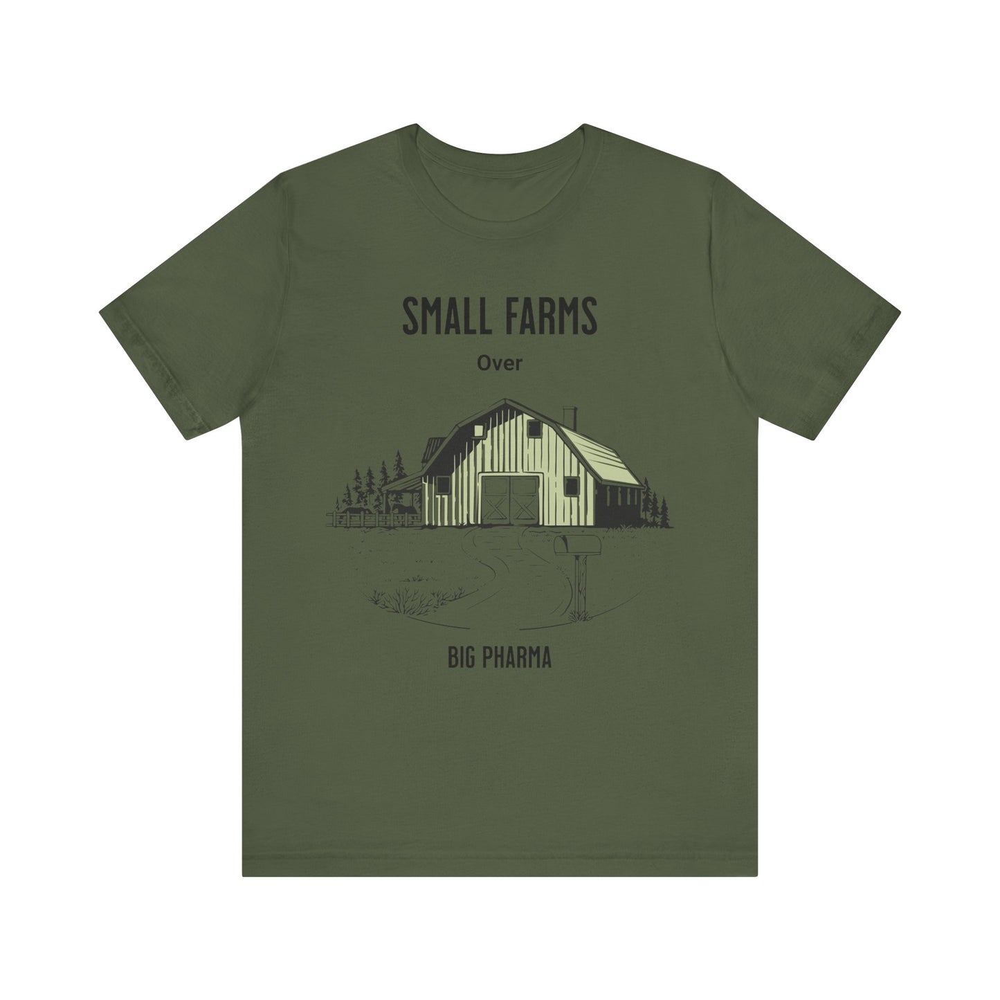 Unisex Jersey Small Farm over Pharma Shirts, T-shirt with Country Farm Scene with Barn, Gift for Farmer, Anti Big Pharma, Farmacist, Adult Unisex Short Sleeve Tee