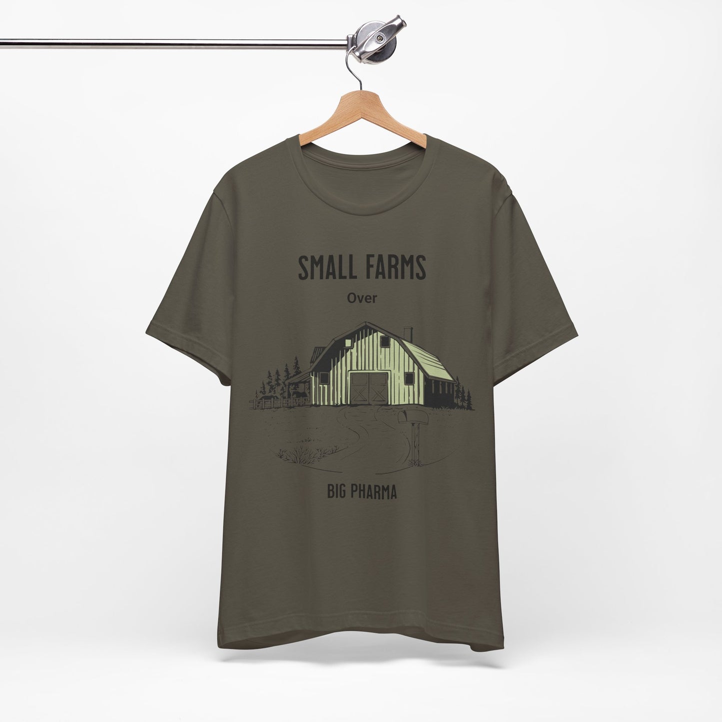 Unisex Jersey Small Farm over Pharma Shirts, T-shirt with Country Farm Scene with Barn, Gift for Farmer, Anti Big Pharma, Farmacist, Adult Unisex Short Sleeve Tee